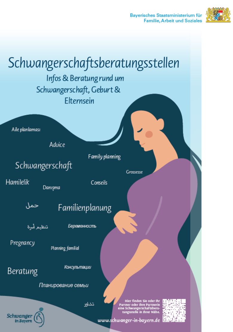 Plakat für die Schwangerschaftsberatungsstellen. Die Silhouette einer schwangeren Frau zur Bewerbung der Schwangerschaftsberatungsstellen übersetzt in alle gängigen Sprachen 